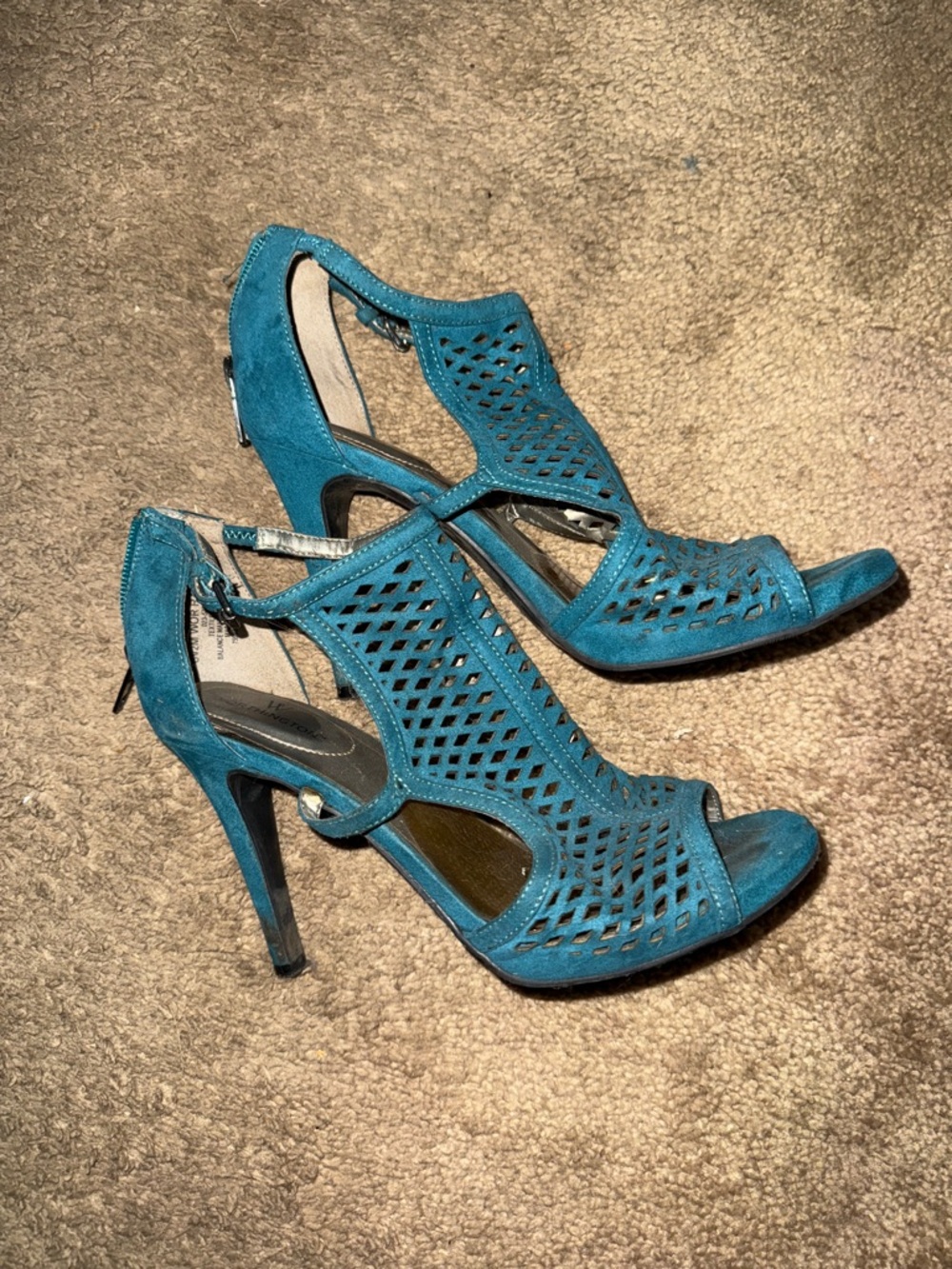 Worthington Teal Laser-Cut Suede High Heel Sandals